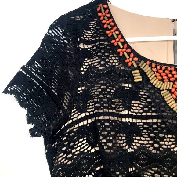 Sangria Black Lace Overlay Beaded Short Sleeve Sheath Dress - Picture 3 of 16